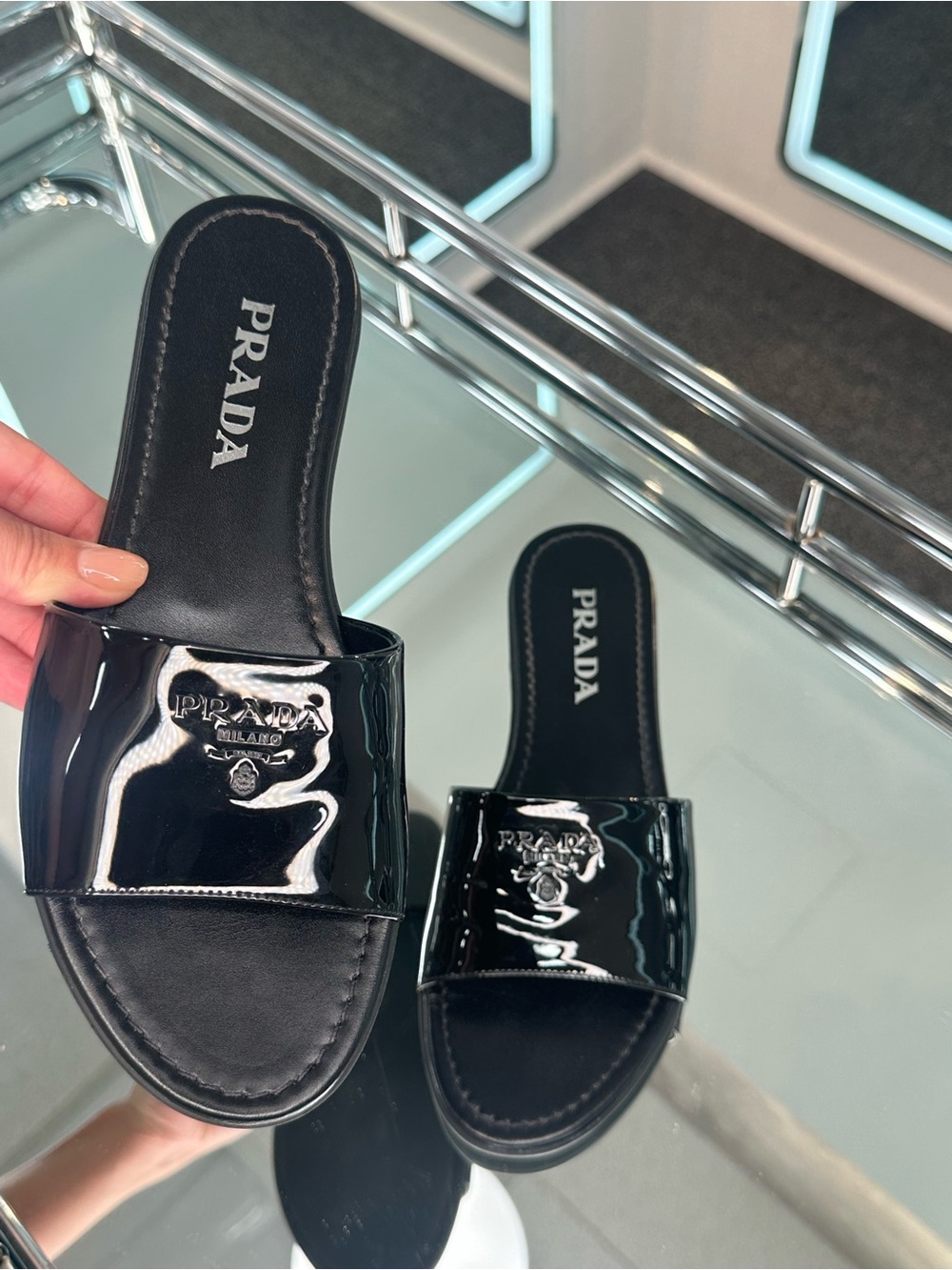 Prada Vernice Slide Sandals